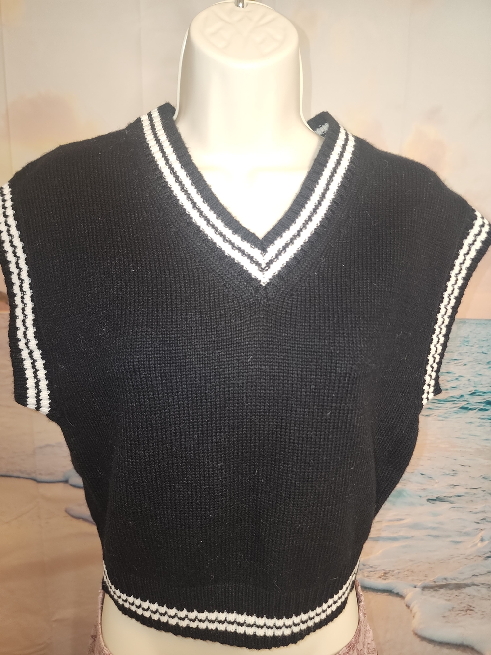 ASTR Black V-Neck Knit Sweater Vest with White Trim